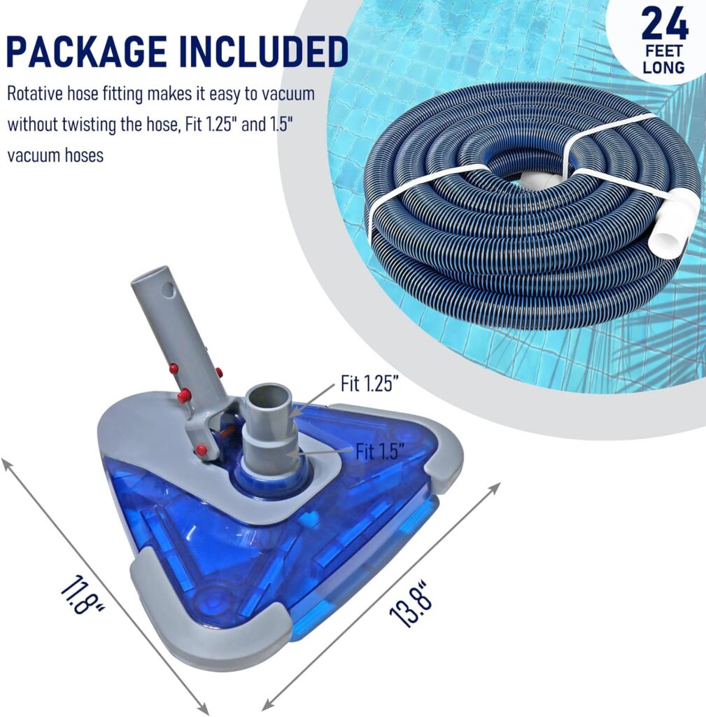POOLWHALE Professional 1-1/2-Inch x 24-Feet Swimming Pool Vacuum Hoses with Swivel Cuff and Triangular Weighted Flex Vacuum Head,Perfect for Above Ground and Inground Pools